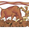 Jason ploughs field with bulls sowing dragon's teeth