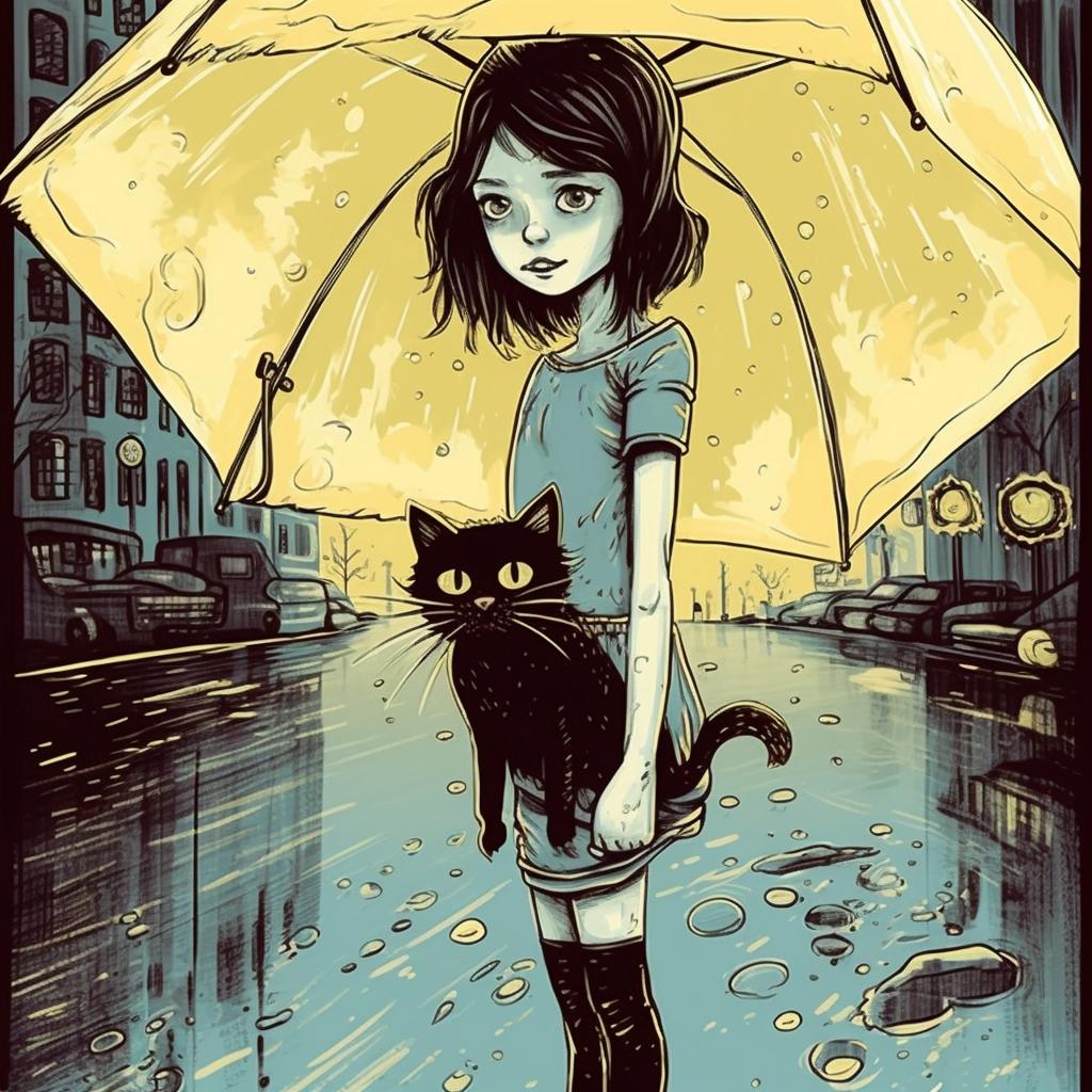 Katie of Storynory standing in rain with cat and umbrella picture by Midjourney